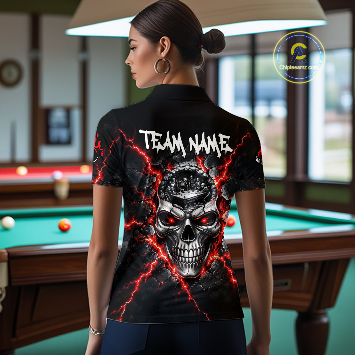 Custom Cracked Skull 8 Ball Billiard Shirt For Women Red Thunder Skeleton Billiards 1/4-Zip Polo Jersey NYN4738