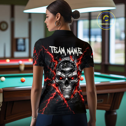 Custom Cracked Skull 8 Ball Billiard Shirt For Women Red Thunder Skeleton Billiards 1/4-Zip Polo Jersey NYN4738