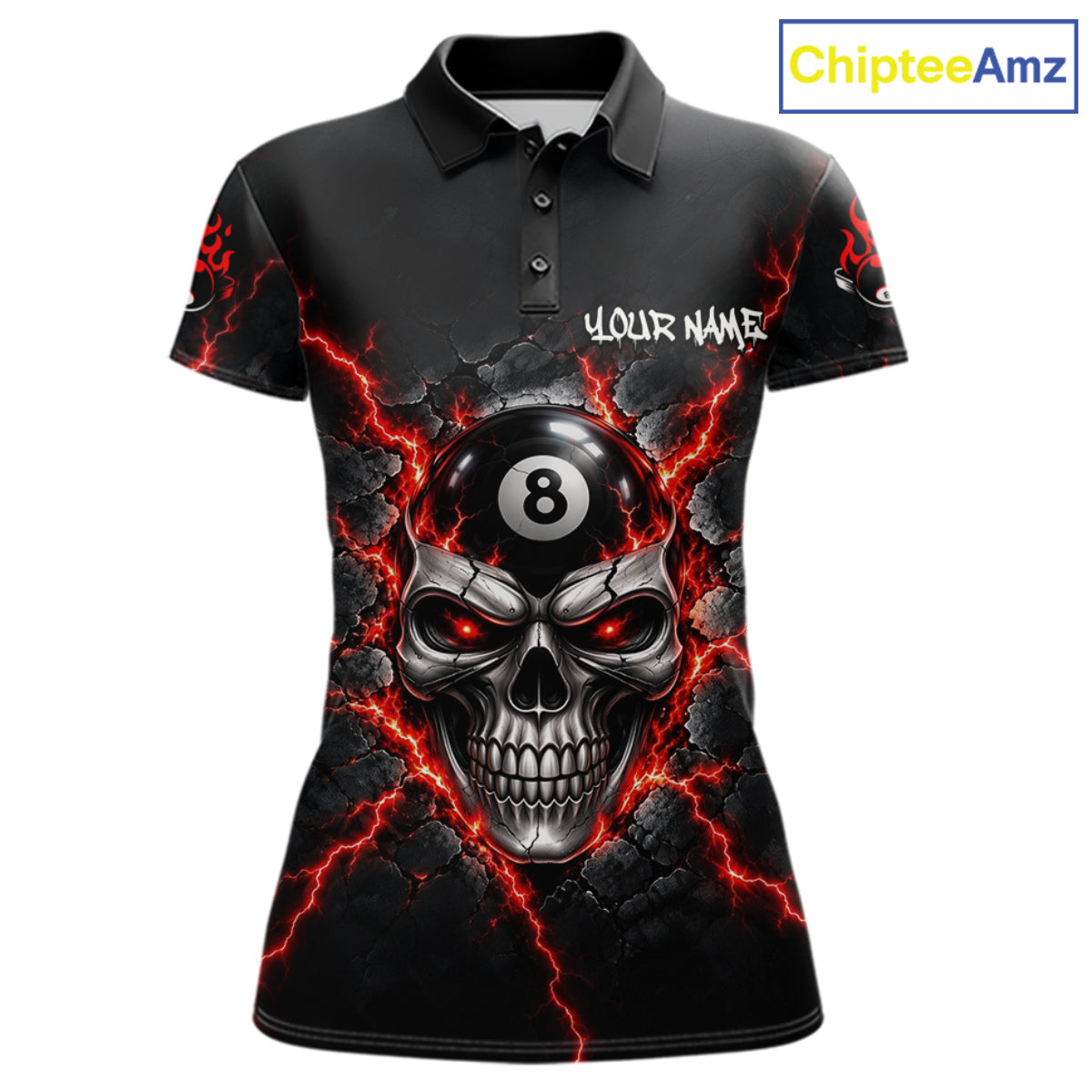 Custom Cracked Skull 8 Ball Billiard Shirt For Women Red Thunder Skeleton Billiards 1/4-Zip Polo Jersey NYN4738