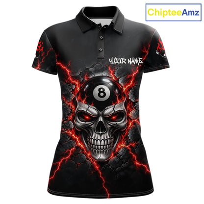Custom Cracked Skull 8 Ball Billiard Shirt For Women Red Thunder Skeleton Billiards 1/4-Zip Polo Jersey NYN4738