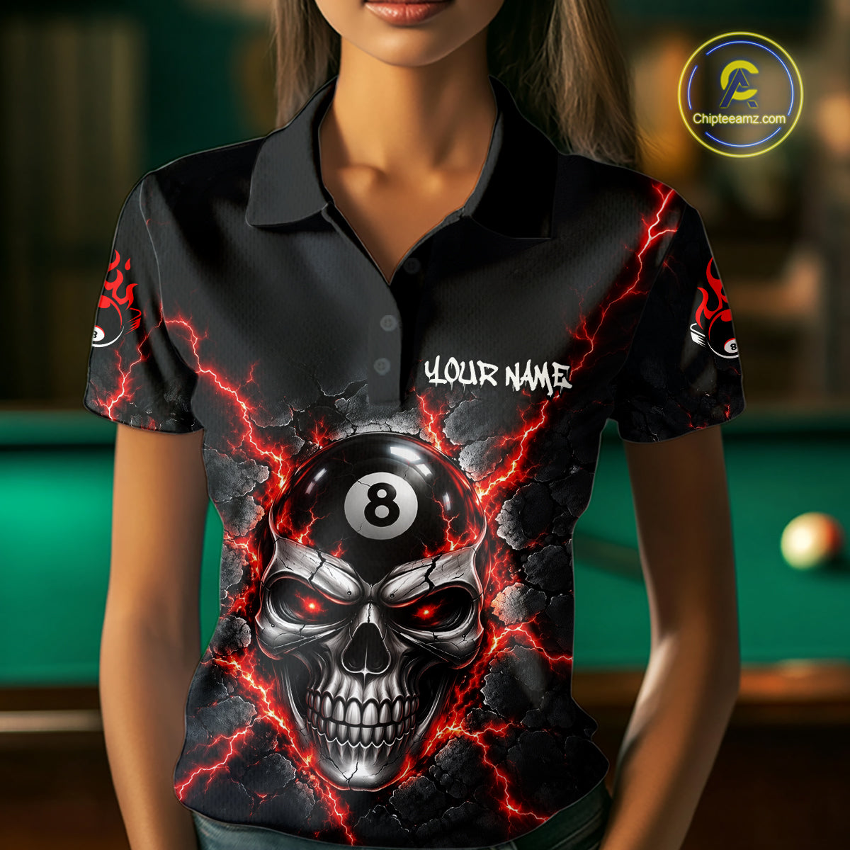Custom Cracked Skull 8 Ball Billiard Shirt For Women Red Thunder Skeleton Billiards 1/4-Zip Polo Jersey NYN4738