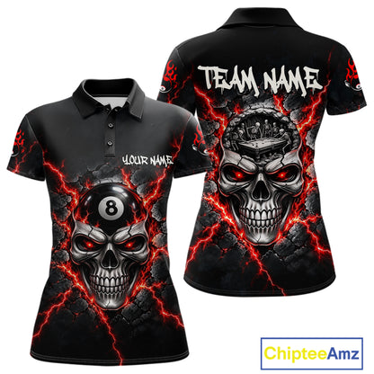 Custom Cracked Skull 8 Ball Billiard Shirt For Women Red Thunder Skeleton Billiards 1/4-Zip Polo Jersey NYN4738