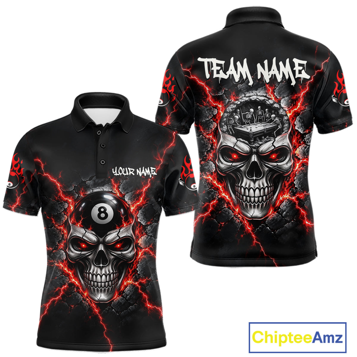 Custom Cracked Skull 8 Ball Billiard Shirt For Men Red Thunder Skeleton Billiards 1/4-Zip Polo Jersey NYN4738