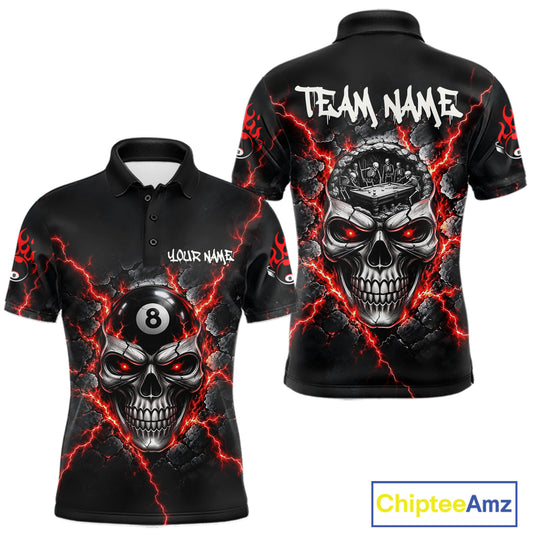 Custom Cracked Skull 8 Ball Billiard Shirt For Men Red Thunder Skeleton Billiards 1/4-Zip Polo Jersey NYN4738