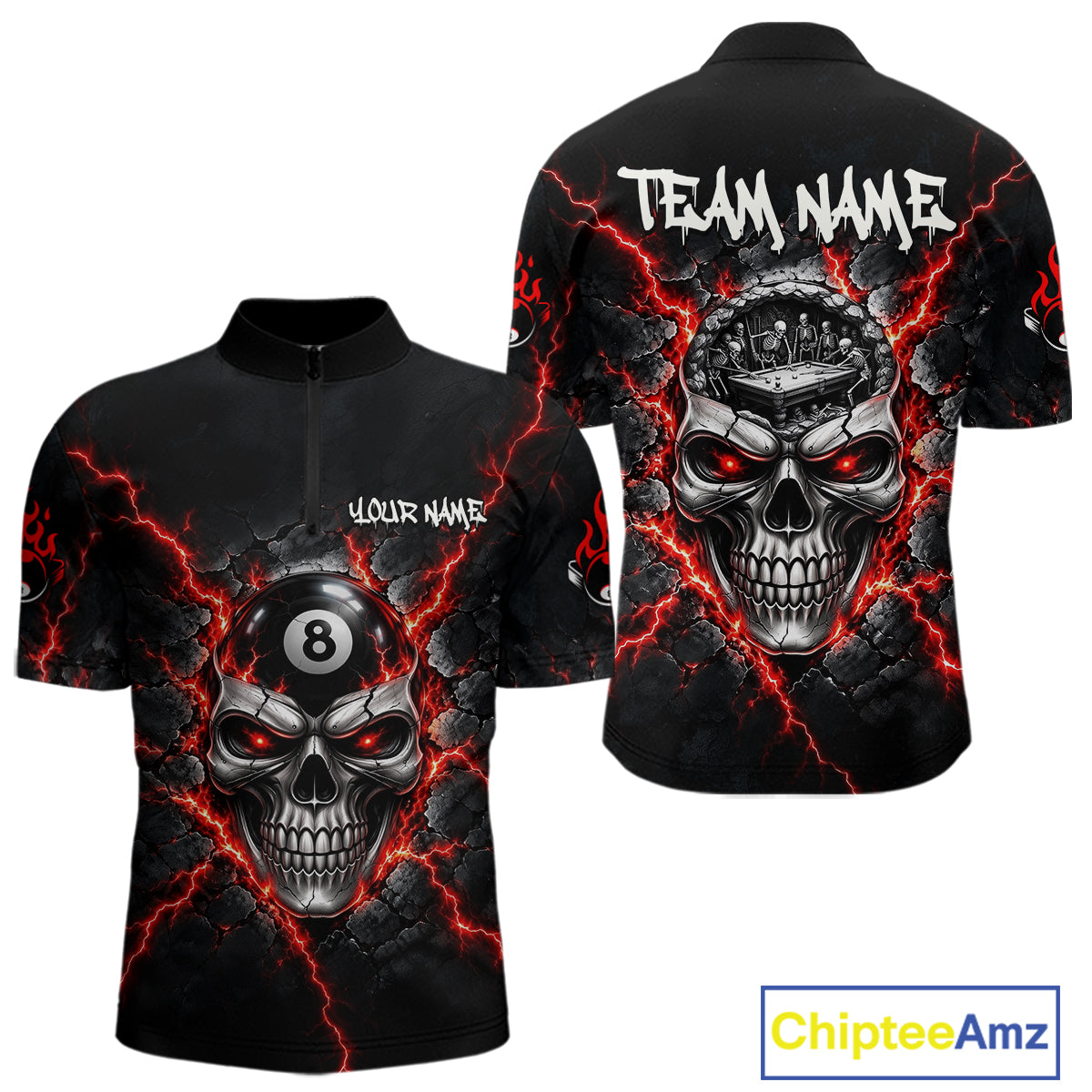Custom Cracked Skull 8 Ball Billiard Shirt For Men Red Thunder Skeleton Billiards 1/4-Zip Polo Jersey NYN4738