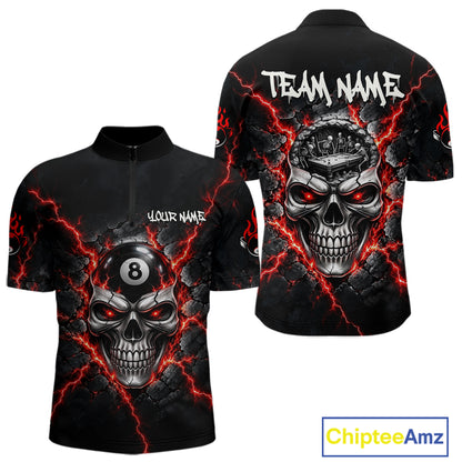 Custom Cracked Skull 8 Ball Billiard Shirt For Men Red Thunder Skeleton Billiards 1/4-Zip Polo Jersey NYN4738