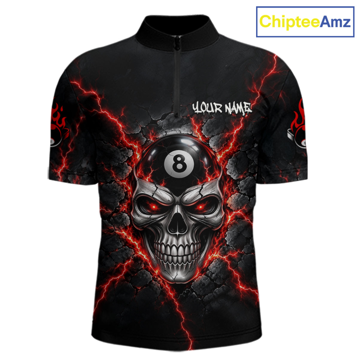 Custom Cracked Skull 8 Ball Billiard Shirt For Men Red Thunder Skeleton Billiards 1/4-Zip Polo Jersey NYN4738