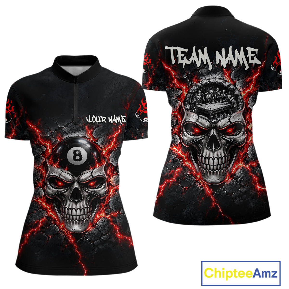 Custom Cracked Skull 8 Ball Billiard Shirt For Women Red Thunder Skeleton Billiards 1/4-Zip Polo Jersey NYN4738
