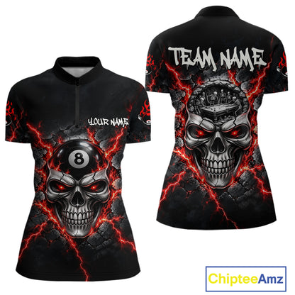 Custom Cracked Skull 8 Ball Billiard Shirt For Women Red Thunder Skeleton Billiards 1/4-Zip Polo Jersey NYN4738