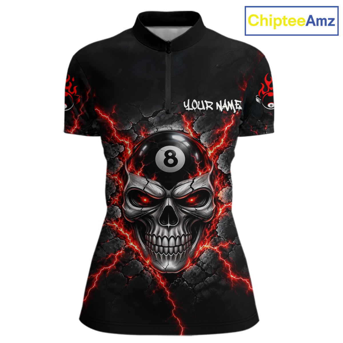 Custom Cracked Skull 8 Ball Billiard Shirt For Women Red Thunder Skeleton Billiards 1/4-Zip Polo Jersey NYN4738
