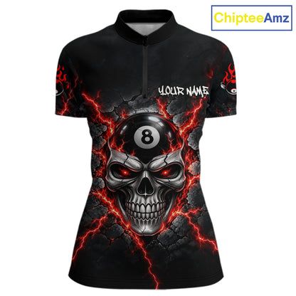 Custom Cracked Skull 8 Ball Billiard Shirt For Women Red Thunder Skeleton Billiards 1/4-Zip Polo Jersey NYN4738