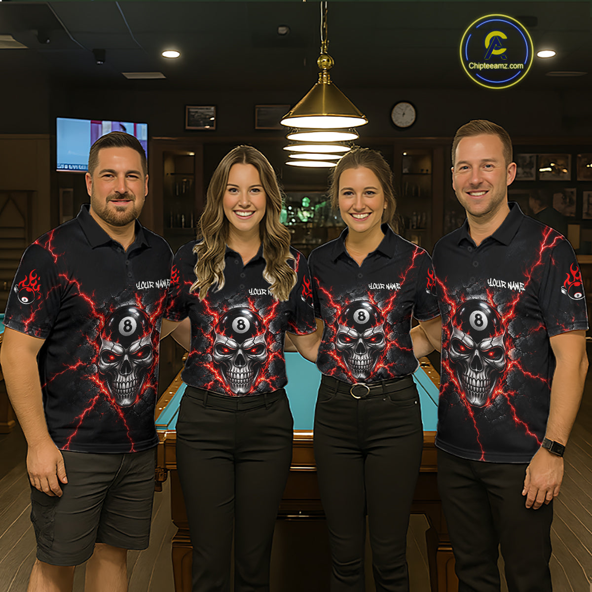 Custom Cracked Skull 8 Ball Billiard Shirt For Women Red Thunder Skeleton Billiards 1/4-Zip Polo Jersey NYN4738
