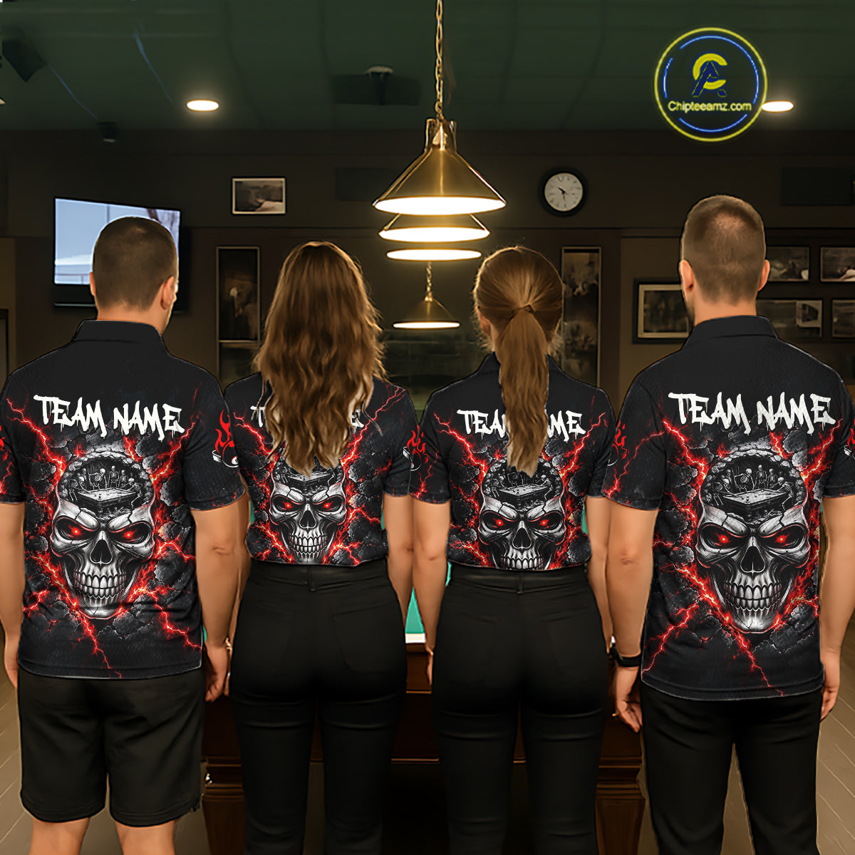 Custom Cracked Skull 8 Ball Billiard Shirt For Women Red Thunder Skeleton Billiards 1/4-Zip Polo Jersey NYN4738