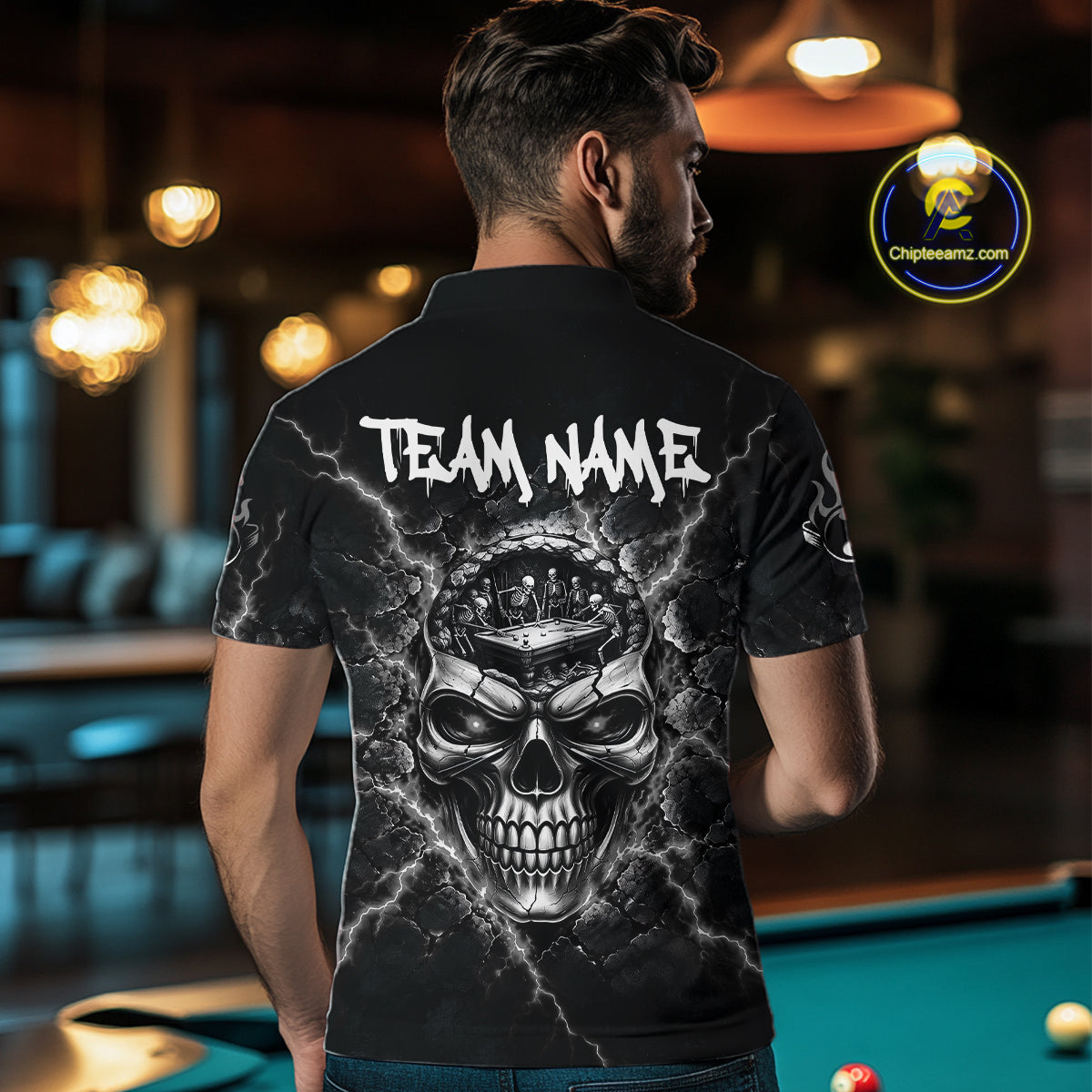 Custom Cracked Skull 8 Ball Billiard Shirt For Men Grey Thunder Skeleton Billiards 1/4-Zip Polo Jersey NYN4739