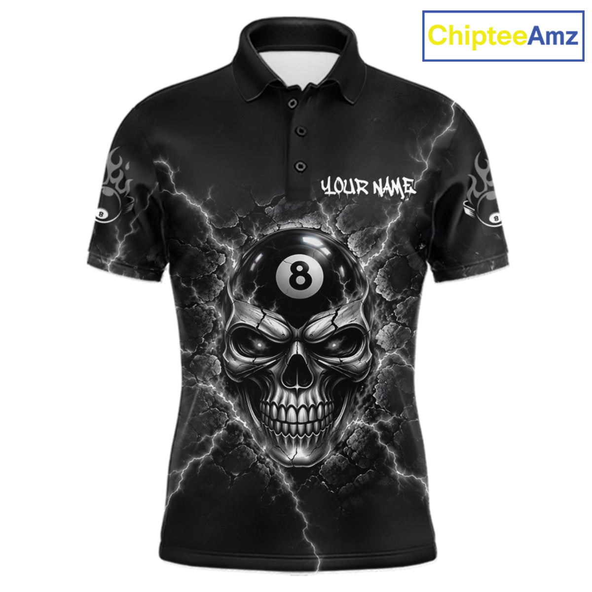 Custom Cracked Skull 8 Ball Billiard Shirt For Men Grey Thunder Skeleton Billiards 1/4-Zip Polo Jersey NYN4739
