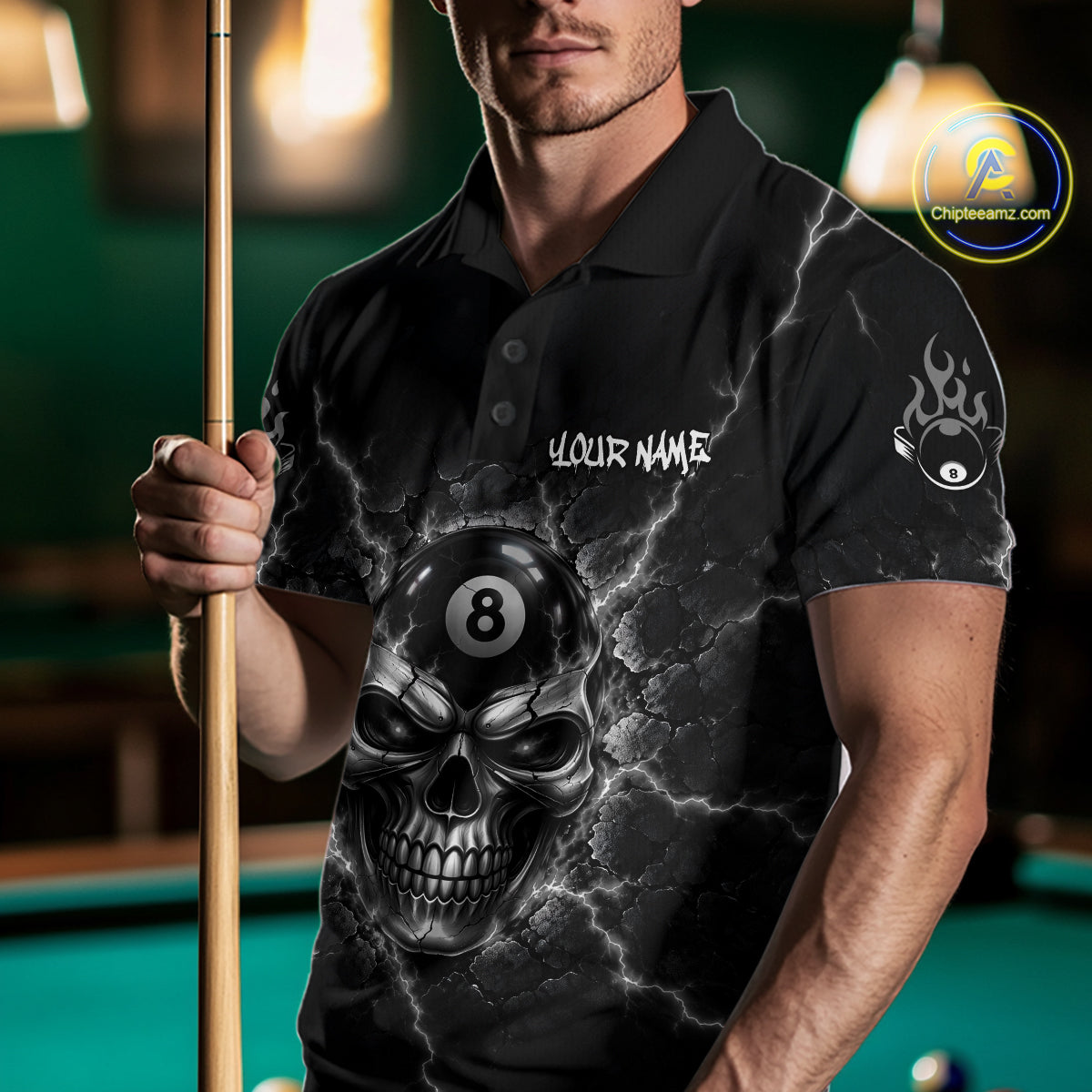 Custom Cracked Skull 8 Ball Billiard Shirt For Men Grey Thunder Skeleton Billiards 1/4-Zip Polo Jersey NYN4739