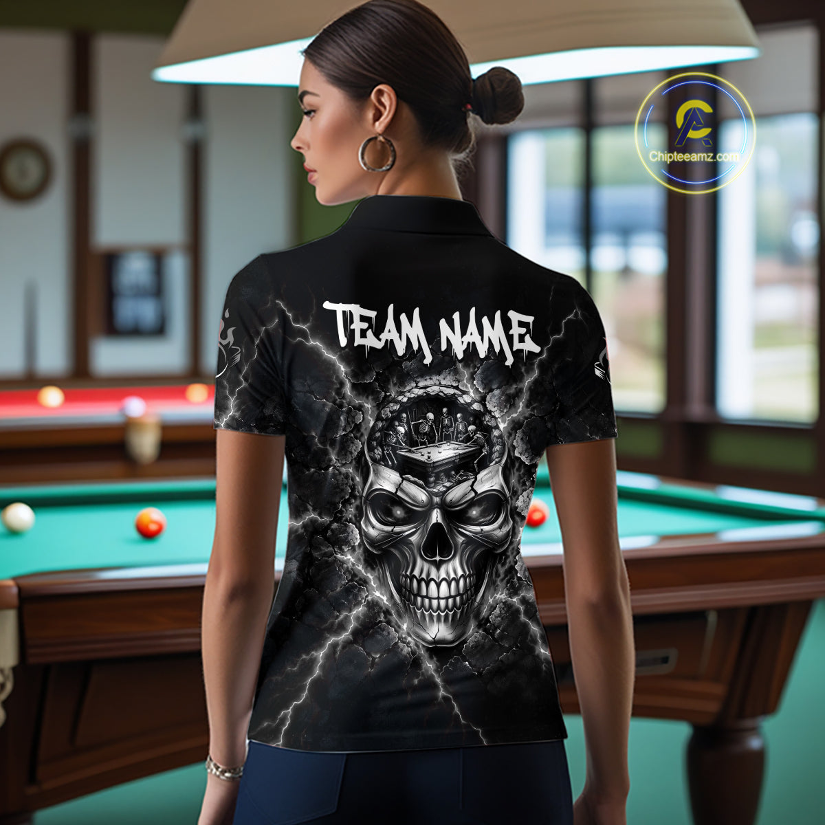 Custom Cracked Skull 8 Ball Billiard Shirt For Women Grey Thunder Skeleton Billiards 1/4-Zip Polo Jersey NYN4739