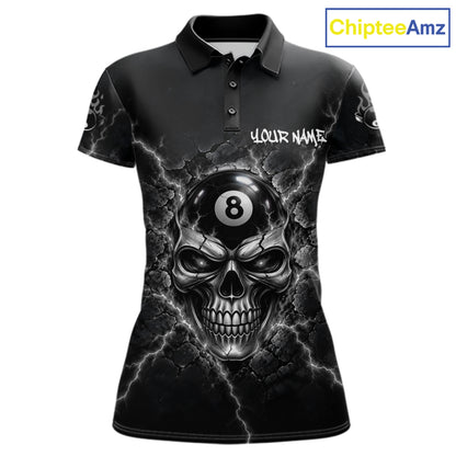 Custom Cracked Skull 8 Ball Billiard Shirt For Women Grey Thunder Skeleton Billiards 1/4-Zip Polo Jersey NYN4739