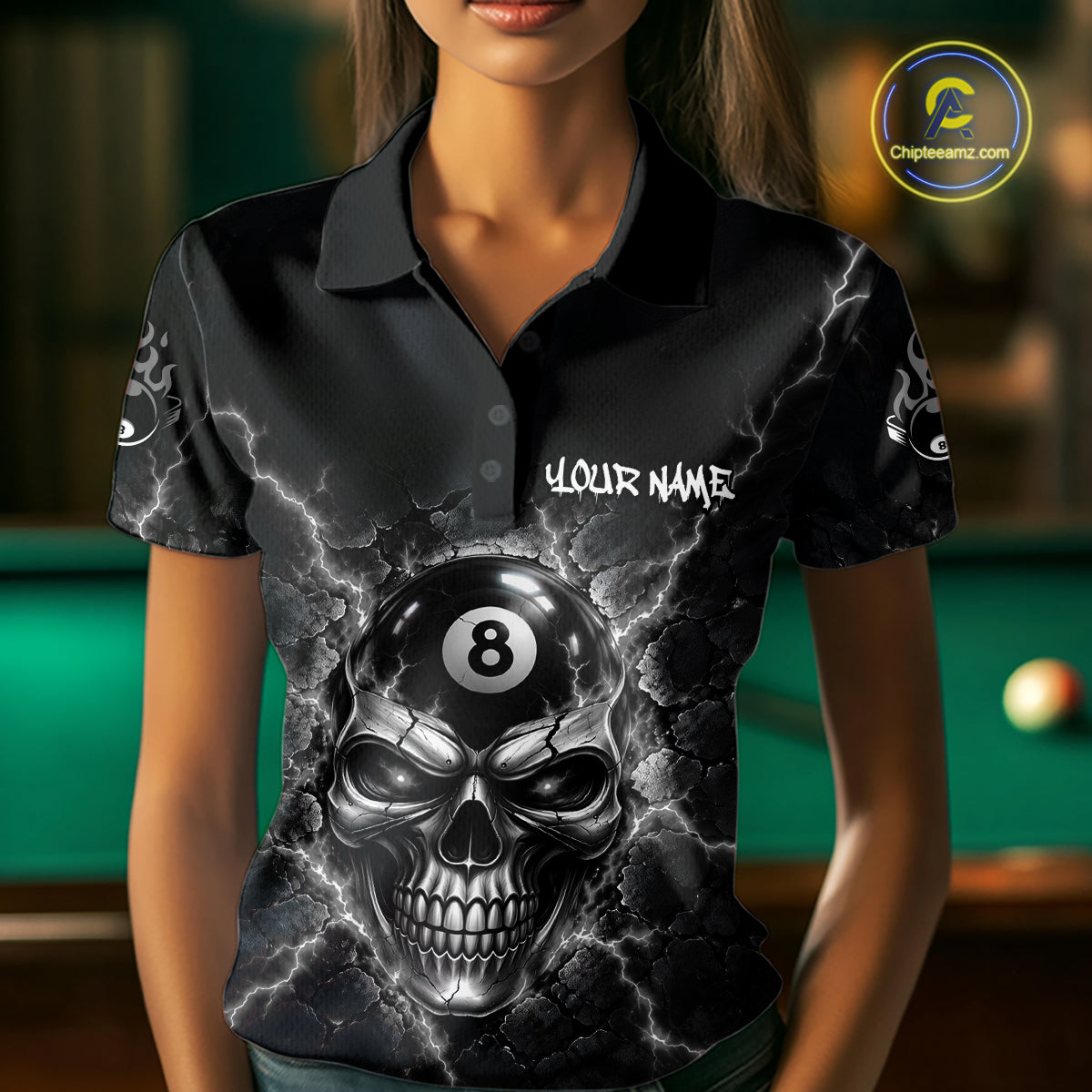 Custom Cracked Skull 8 Ball Billiard Shirt For Women Grey Thunder Skeleton Billiards 1/4-Zip Polo Jersey NYN4739