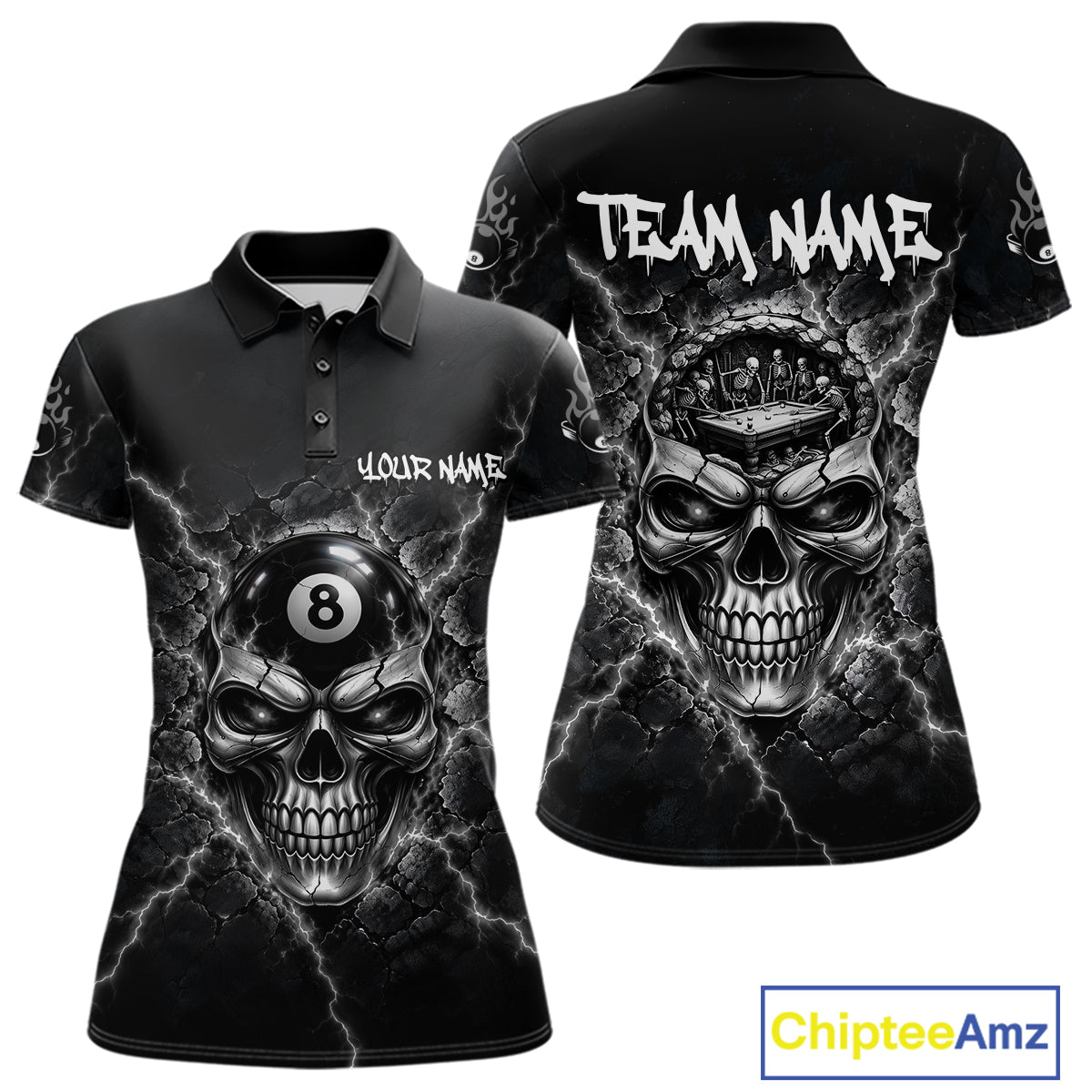 Custom Cracked Skull 8 Ball Billiard Shirt For Women Grey Thunder Skeleton Billiards 1/4-Zip Polo Jersey NYN4739