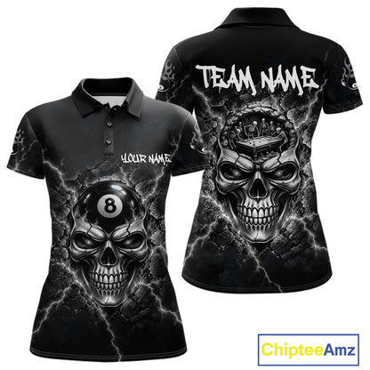 Custom Cracked Skull 8 Ball Billiard Shirt For Women Grey Thunder Skeleton Billiards 1/4-Zip Polo Jersey NYN4739