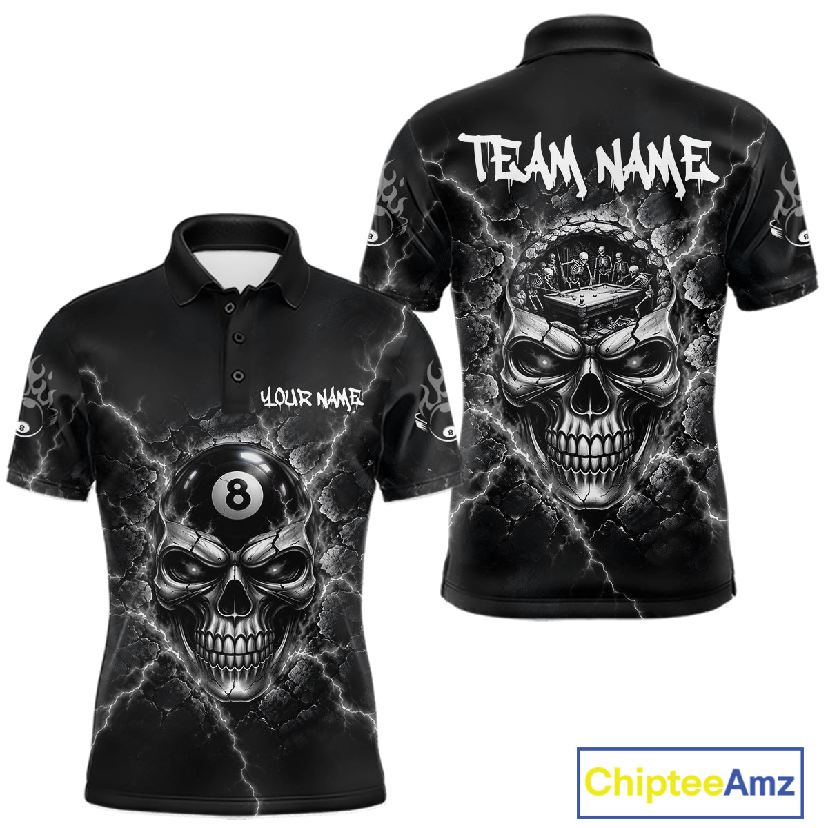 Custom Cracked Skull 8 Ball Billiard Shirt For Men Grey Thunder Skeleton Billiards 1/4-Zip Polo Jersey NYN4739