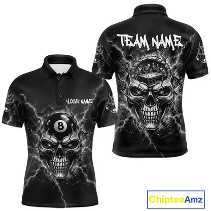 Custom Cracked Skull 8 Ball Billiard Shirt For Men Grey Thunder Skeleton Billiards 1/4-Zip Polo Jersey NYN4739