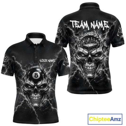 Custom Cracked Skull 8 Ball Billiard Shirt For Men Grey Thunder Skeleton Billiards 1/4-Zip Polo Jersey NYN4739