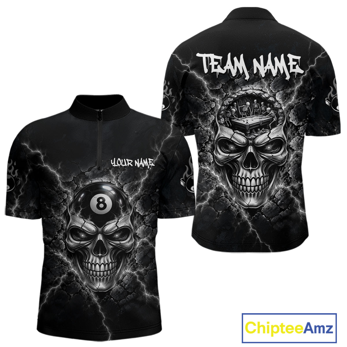 Custom Cracked Skull 8 Ball Billiard Shirt For Men Grey Thunder Skeleton Billiards 1/4-Zip Polo Jersey NYN4739