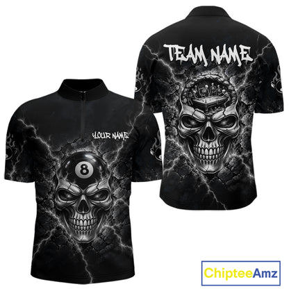 Custom Cracked Skull 8 Ball Billiard Shirt For Men Grey Thunder Skeleton Billiards 1/4-Zip Polo Jersey NYN4739