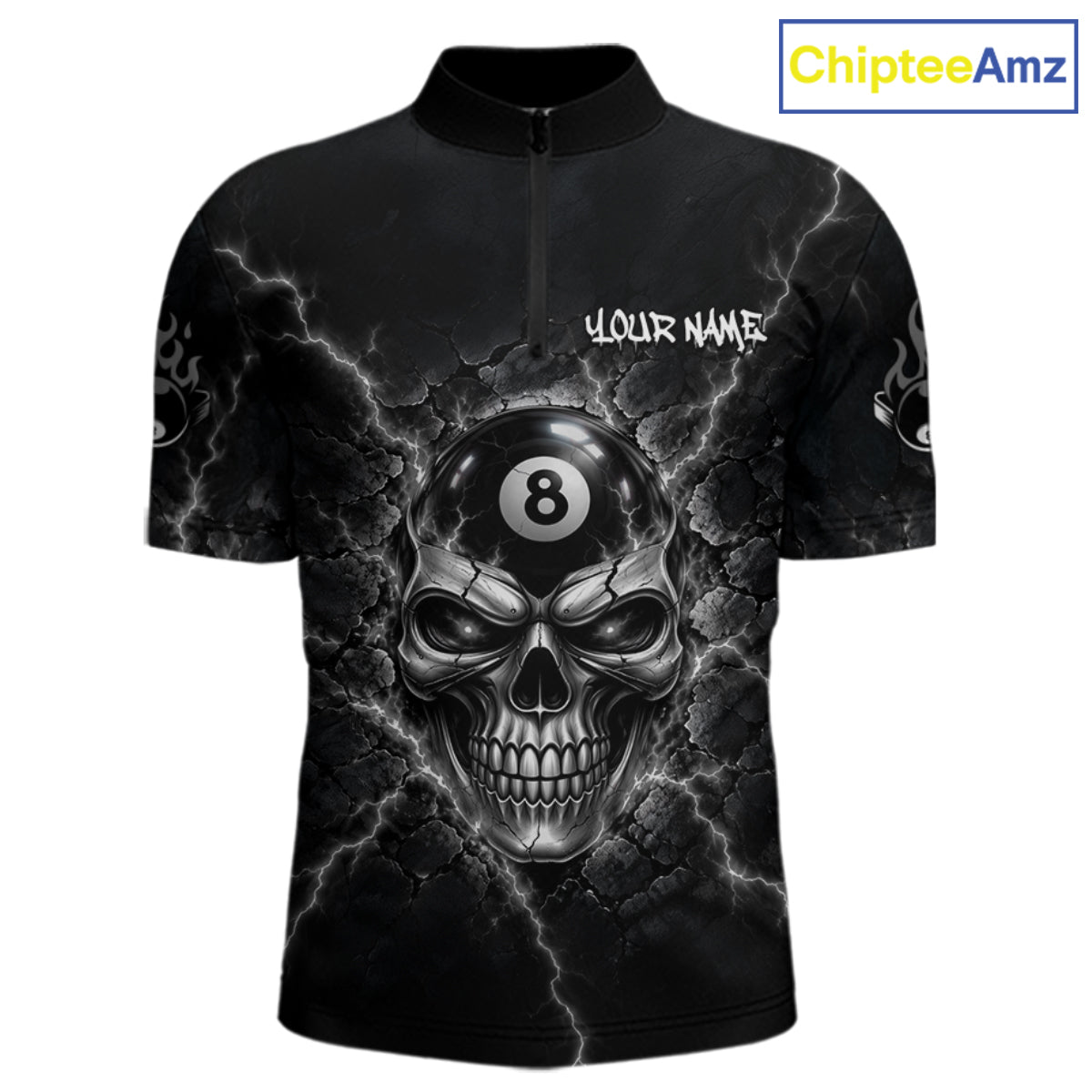 Custom Cracked Skull 8 Ball Billiard Shirt For Men Grey Thunder Skeleton Billiards 1/4-Zip Polo Jersey NYN4739