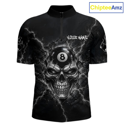 Custom Cracked Skull 8 Ball Billiard Shirt For Men Grey Thunder Skeleton Billiards 1/4-Zip Polo Jersey NYN4739