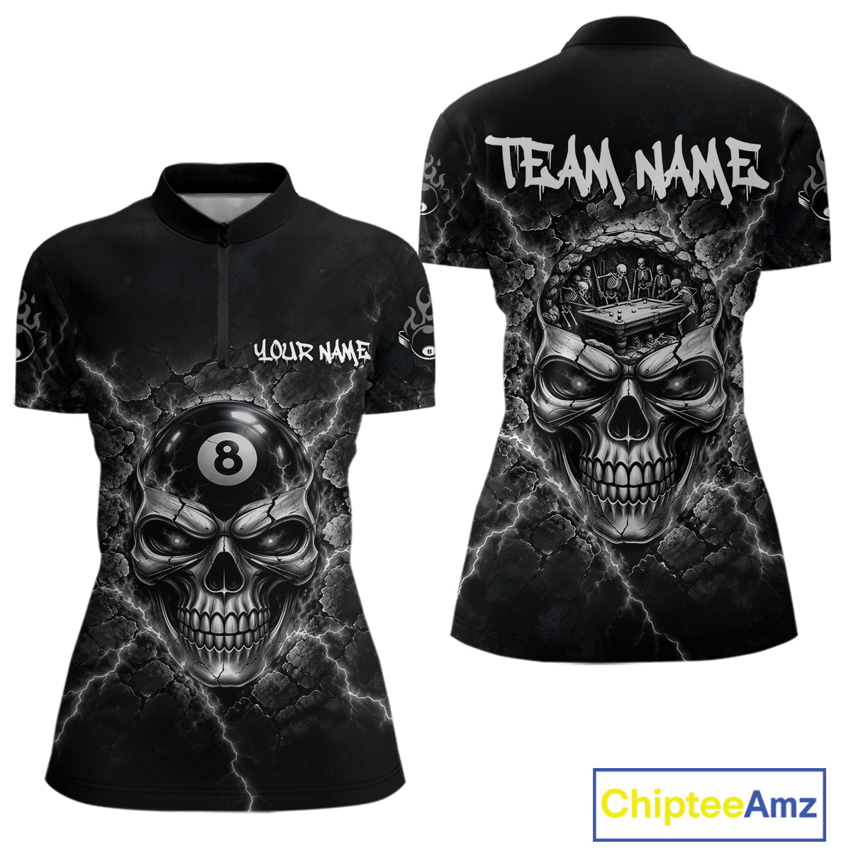 Custom Cracked Skull 8 Ball Billiard Shirt For Women Grey Thunder Skeleton Billiards 1/4-Zip Polo Jersey NYN4739