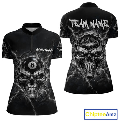 Custom Cracked Skull 8 Ball Billiard Shirt For Women Grey Thunder Skeleton Billiards 1/4-Zip Polo Jersey NYN4739