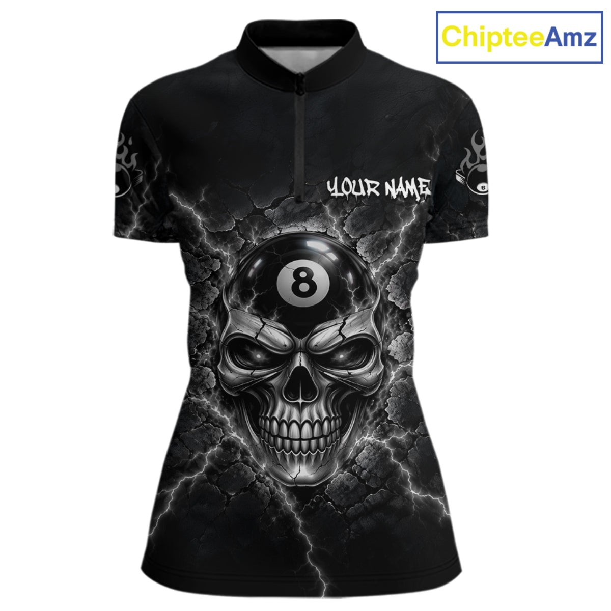Custom Cracked Skull 8 Ball Billiard Shirt For Women Grey Thunder Skeleton Billiards 1/4-Zip Polo Jersey NYN4739