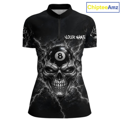 Custom Cracked Skull 8 Ball Billiard Shirt For Women Grey Thunder Skeleton Billiards 1/4-Zip Polo Jersey NYN4739