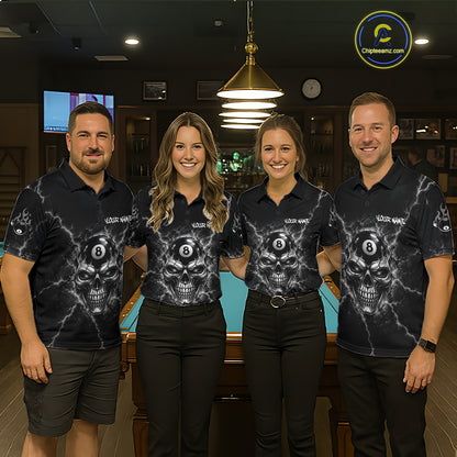 Custom Cracked Skull 8 Ball Billiard Shirt For Women Grey Thunder Skeleton Billiards 1/4-Zip Polo Jersey NYN4739