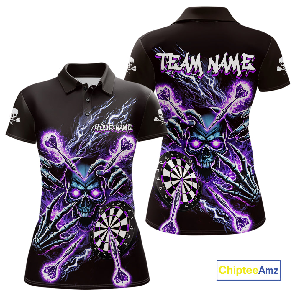 Personalized Purple Skeleton Thunder Lightning Women Dart Polo Shirt Skull Dart Jerseys NYN2119