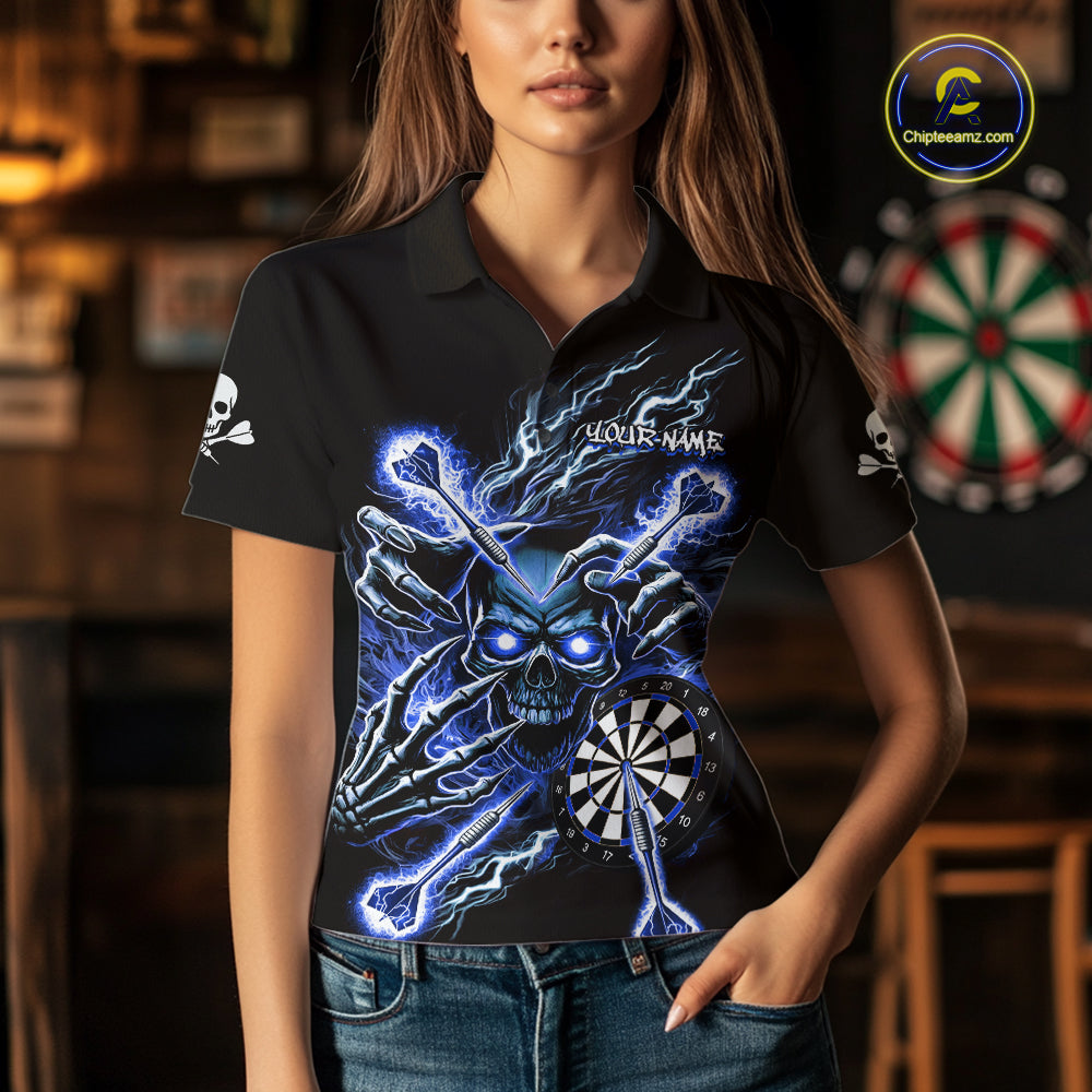 Personalized Blue Skeleton Thunder Lightning Women Dart Polo Shirts Skull Dart Jerseys NYN2120