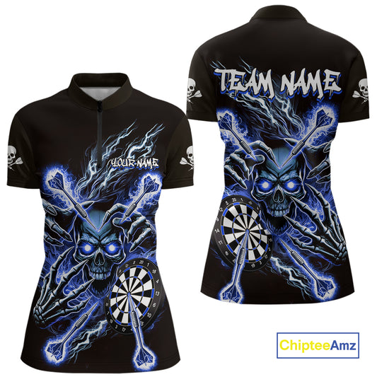 Personalized Blue Skeleton Thunder Lightning Women Dart Quarter- Zip Shirts Skull Dart Jerseys NYN2120