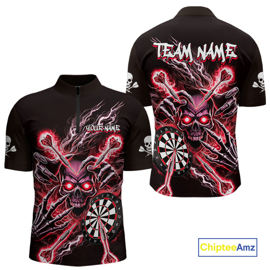 Personalized Red Skeleton Thunder Lightning Men Dart Quarter- Zip Shirts Skull Dart Jerseys NYN2121
