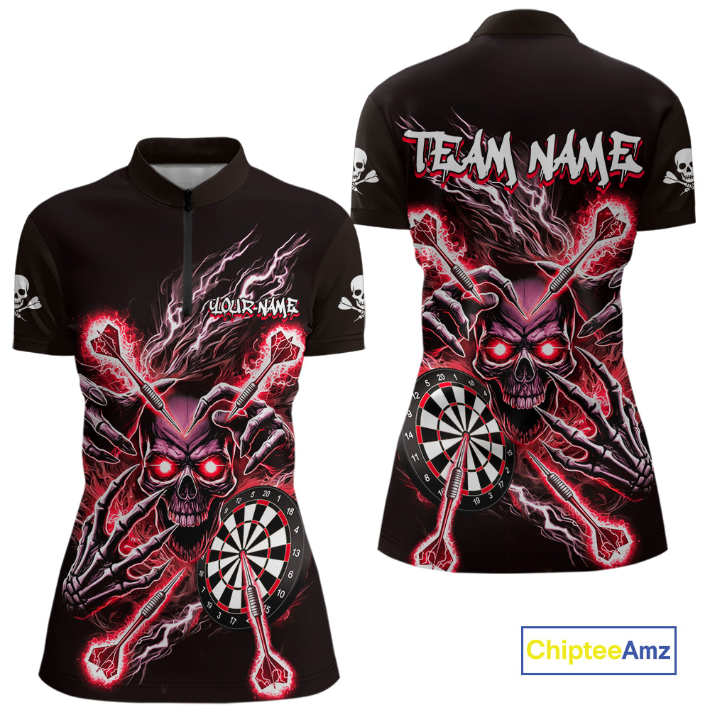 Personalized Red Skeleton Thunder Lightning Women Dart Quarter- Zip Shirts Skull Dart Jerseys NYN2121