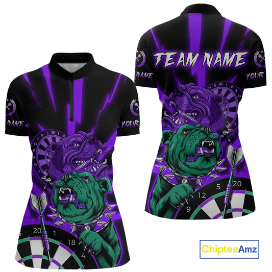 Custom Purple Neon Fierce Bulldog Thunder Women Darts Quarter- Zip Shirt Funny Dart League Jerseys NYN2126