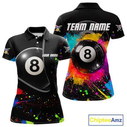Colorful Splatter 8 Ball Pool Women Billiard Polo & 1/4-Zip Shirt Custom Billiards Balls Attire NYN2392