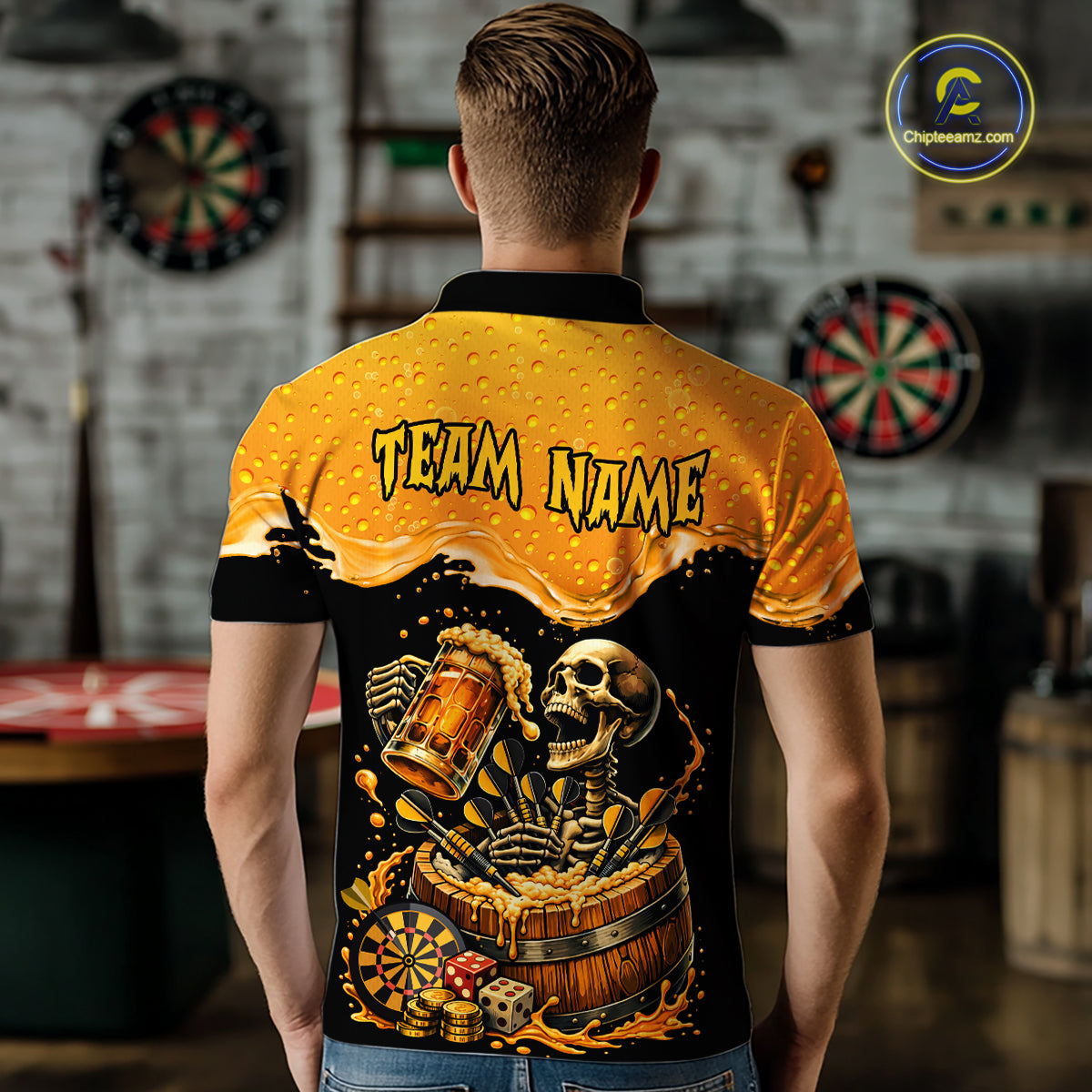 Custom Funny Skeleton Play Dart And Beer Dartboard Men Polo Shirt Personalized Dart Team Jerseys NYN2773