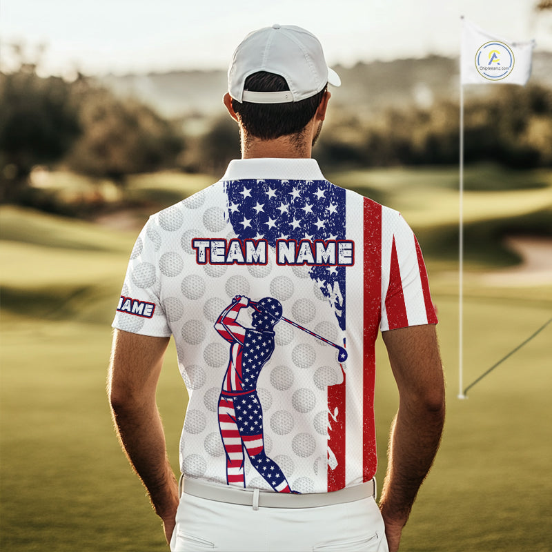 Custom Patriotic Golf Polo Shirts, Grunge US Flag Golf Ball White Men Best Golf Clothing Shirts NYN2991