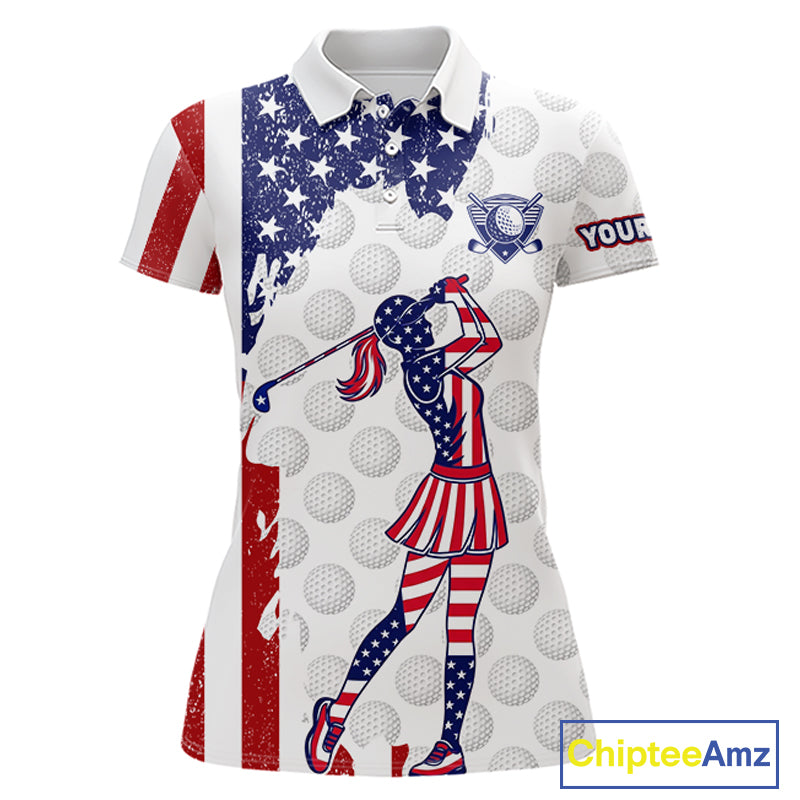 Custom Patriotic Golf Polo Shirts, Grunge US Flag Golf Ball White Women Best Golf Clothing Shirts NYN2991