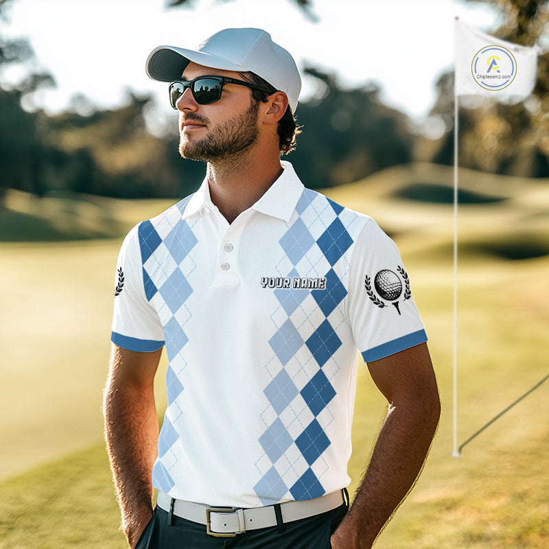 Mens Argyle Pattern Golf Polo Shirts, Blue Argyle Golf Attire Custom Golf Clubs Pattern Upf Shirts NYN2999