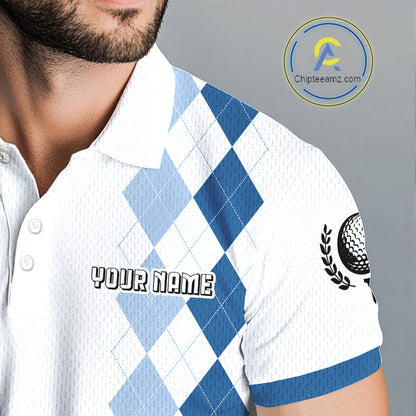 Mens Argyle Pattern Golf Polo Shirts, Blue Argyle Golf Attire Custom Golf Clubs Pattern Upf Shirts NYN2999