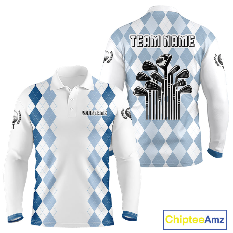 Mens Argyle Pattern Golf Polo Shirts, Blue Argyle Golf Attire Custom Golf Clubs Pattern Upf Shirts NYN2999